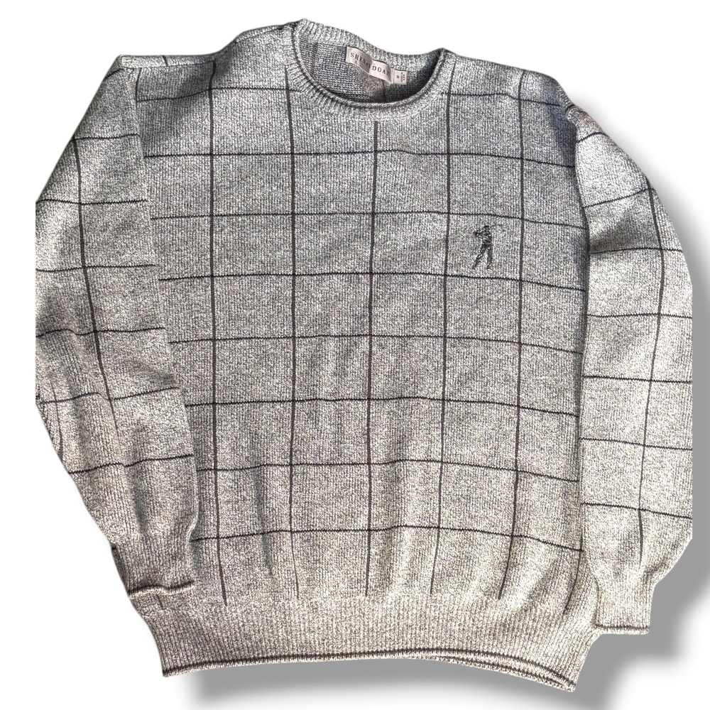 Vintage Gray Windowpane Crewneck Sweater Golf Heritage Embroidered Knit Pullover